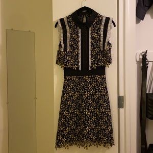 Self-Portrait Black and Gold Floral Lace Mini Dress